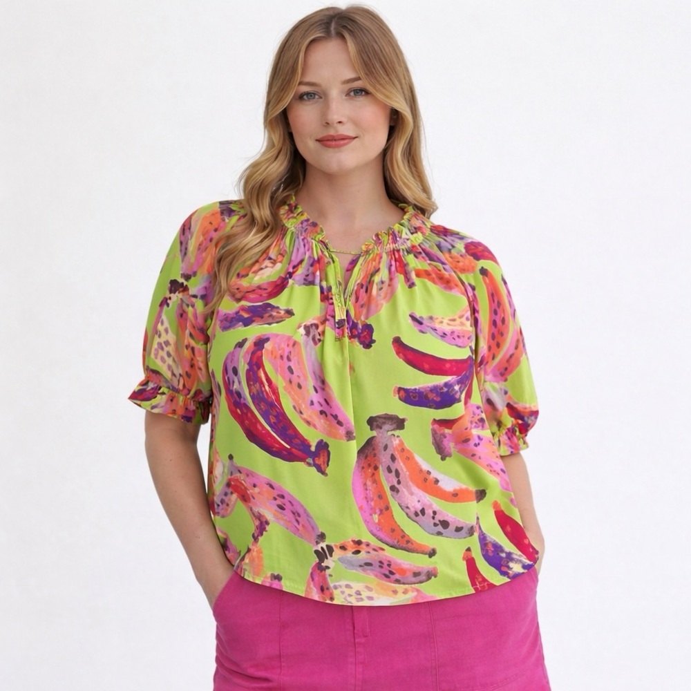 Entro Whimsical Banana Print Blouse Green Pink Flutter Sleeve Top